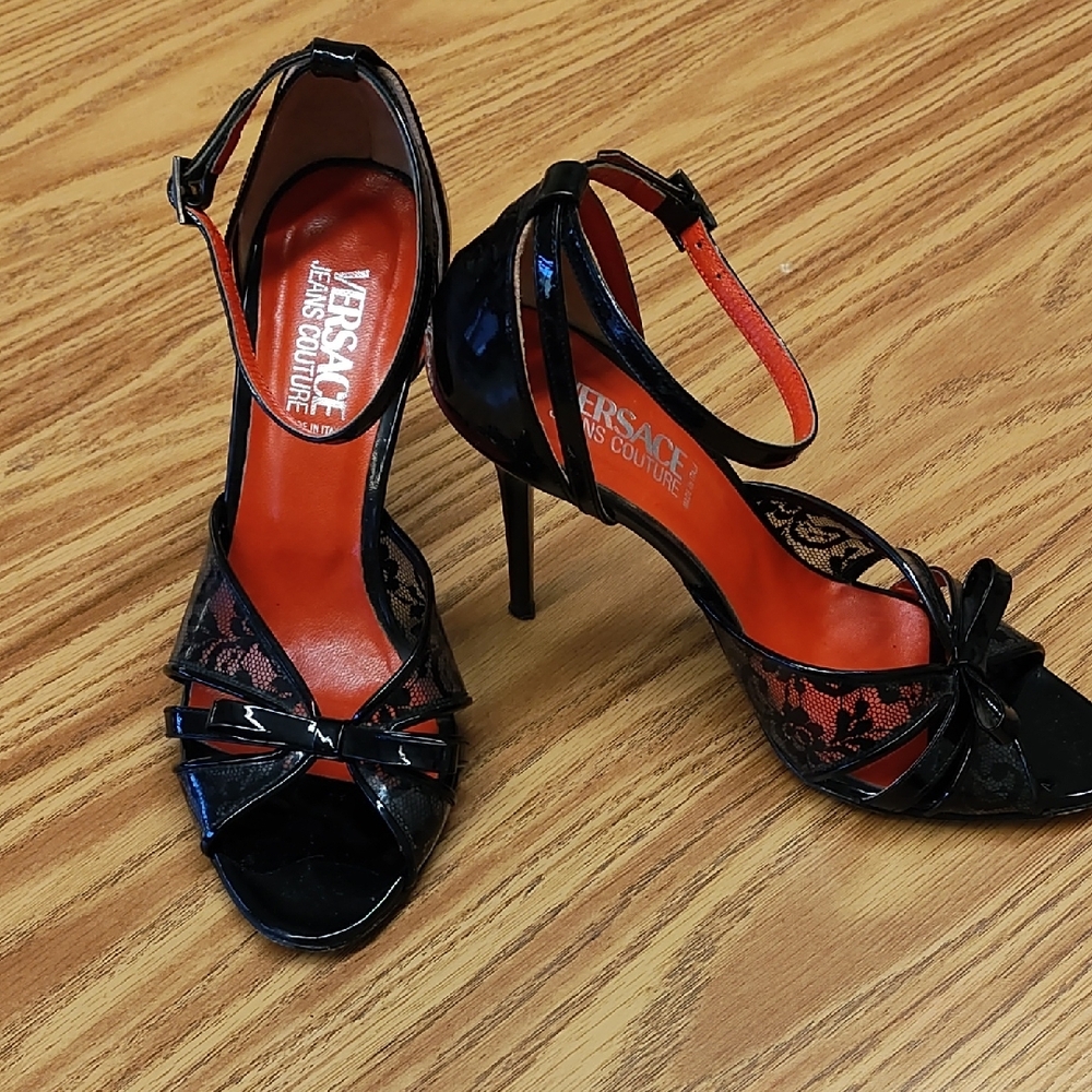 Versace Black and Red Strappy Heels with Stiletto